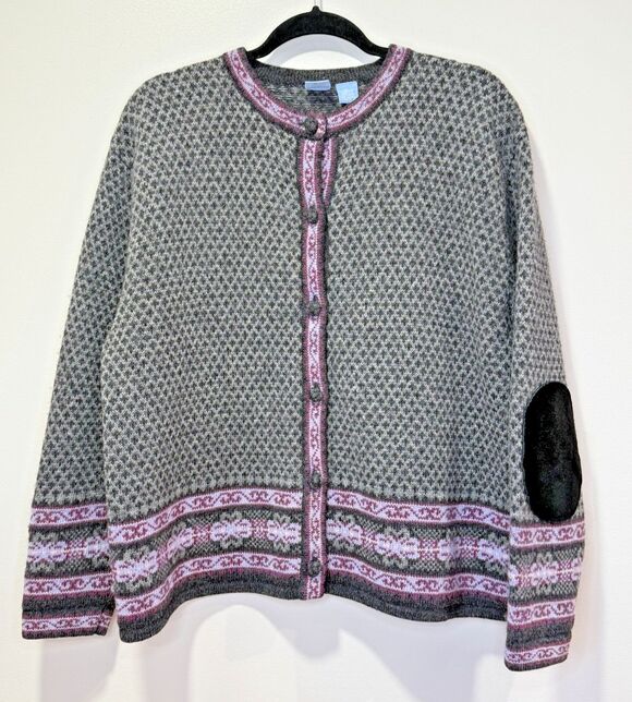 Frost Sweaters - FROST Nordic Fair Isle 100% Wool Womens Cardigan Sweater Size Large Grey